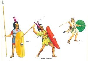 Triarius, hastatus o priceps y velite (Peter Connolly).
